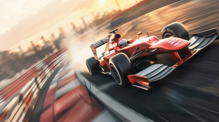 A high-speed racing car zooming around a curve on the track, leaving a trail of smoke and excitement in its wake.の素材