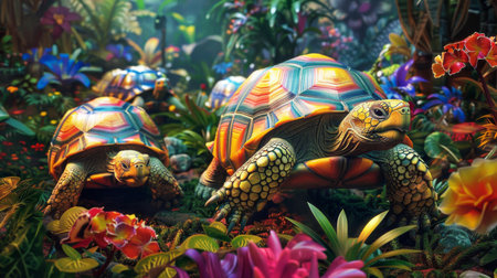 A group of colorful tortoises meandering through a vibrant tropical garden.の素材