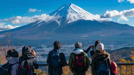 A group of tourists admiring the breathtaking view of Mount Fuji from a scenic viewpoint, marveling at the mountain's timeless allure.の素材