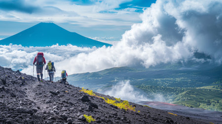 A group of adventurous hikers trekking along the scenic trails of Mount Fuji, surrounded by breathtaking vistas of rugged terrain and distant clouds.の素材