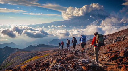 A group of adventurous hikers trekking along the scenic trails of Mount Fuji, surrounded by breathtaking vistas of rugged terrain and distant clouds.の素材