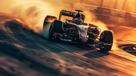 A high-speed racing car zooming around a curve on the track, leaving a trail of smoke and excitement in its wake.の素材