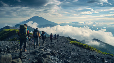 A group of adventurous hikers trekking along the scenic trails of Mount Fuji, surrounded by breathtaking vistas of rugged terrain and distant clouds.の素材