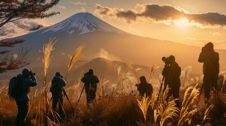 A group of photographers capturing the beauty of Mount Fuji during golden hour, their cameras poised to capture the perfect shot of Japan's iconic landmark.の素材