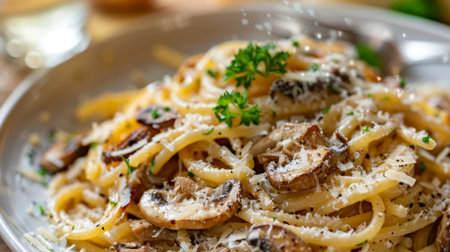 A gourmet pasta dish adorned with porcini mushrooms and shaved Parmesan cheese, a culinary masterpiece inspired by nature's bounty.の素材