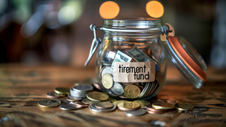 A jar labeled "retirement fund" filled with coins and bills, representing the diligent efforts towards financial security in later years.の素材