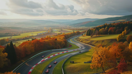 A majestic drone shot capturing the vastness of a racing circuit surrounded by picturesque scenery, with cars racing through nature's playground.の素材