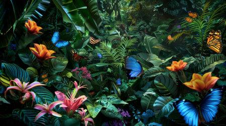 A lush tropical rainforest alive with a kaleidoscope of butterflies flitting among exotic blooms and verdant foliage.の素材
