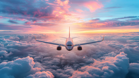 A majestic passenger airplane soaring through a vibrant sunrise sky, symbolizing the freedom and adventure of air travel.の素材