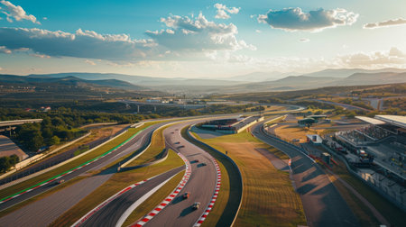 A majestic drone shot capturing the vastness of a racing circuit surrounded by picturesque scenery, with cars racing through nature's playground.の素材