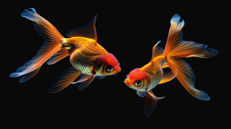 A pair of vibrant goldfish swimming gracefully in perfect harmony, symbolizing unity and balance in nature.の素材