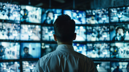 A security guard monitoring multiple surveillance screens filled with live feeds from CCTV cameras, maintaining vigilance at all times.の素材