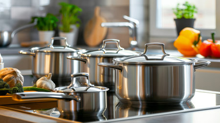 A modern kitchen adorned with sleek stainless steel pots and pans, ready to inspire culinary creativity.の素材