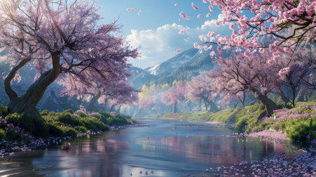 A panoramic view of a sakura-lined riverbank, a breathtaking display of nature's beauty in full bloom.の素材