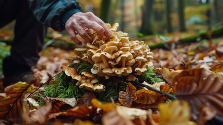 A person admiring a cluster of wild porcini mushrooms growing amidst fallen leaves and moss, a treasure discovered in the forest.の素材