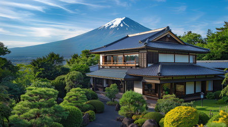 A serene countryside retreat with Mount Fuji rising above traditional Japanese architecture and lush green gardens, a tranquil escape from the modern world.の素材