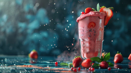 A refreshing strawberry smoothie served in a tall glass, adorned with whole berries for a delightful visual appeal.の素材
