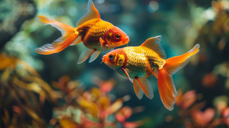 A pair of vibrant goldfish swimming gracefully in perfect harmony, symbolizing unity and balance in nature.の素材