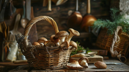 A rustic kitchen scene with a basket of freshly picked porcini mushrooms, ready to be transformed into a delicious meal.の素材