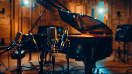 A recording studio setup with multiple microphones arranged around a grand piano, ready to capture the magic of live music.の素材