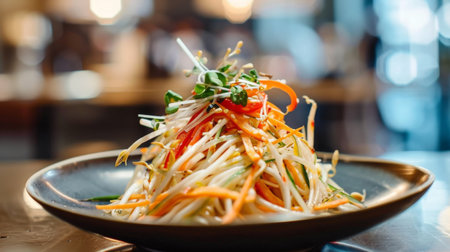 A refreshing som tam salad served in a modern restaurant setting, a fusion of traditional flavors and contemporary presentation.の素材