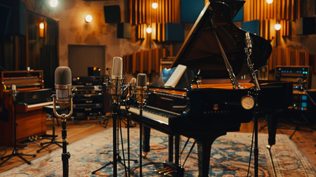 A recording studio setup with multiple microphones arranged around a grand piano, ready to capture the magic of live music.の素材