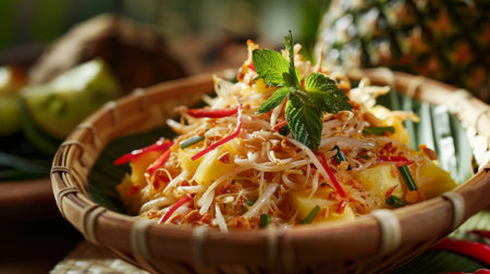 A refreshing som tam served in a carved-out pineapple bowl, a tropical twist on the classic Thai dish.の素材