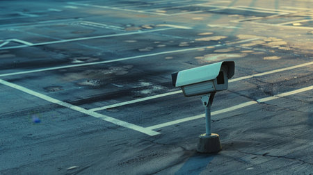 A security camera installed in a parking lot, providing surveillance to prevent vandalism and ensure vehicle safety.の素材
