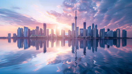 A serene aerial view of a city's waterfront skyline, with majestic skyscrapers reflected in the calm waters below, creating a stunning visual spectacle.の素材