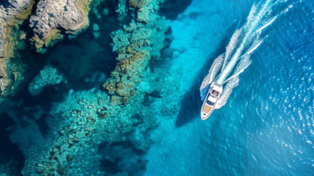 A speedboat carving through crystal-clear waters, leaving a trail of frothy white wake behind as it races towards adventure.の素材