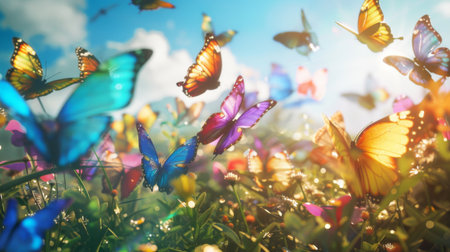 A rainbow of butterflies gracefully dancing in a sunlit meadow, a symphony of hues against a clear blue sky.の素材
