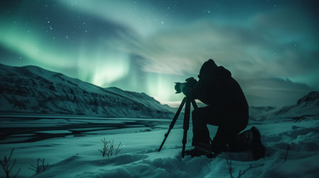 A photographer capturing the beauty of the aurora borealis with a camera set up on a snowy hillside, freezing the moment in time.の素材