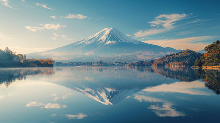 A serene landscape featuring Mount Fuji reflected in the tranquil waters of a pristine lake, capturing the mountain's iconic symmetry and grace.の素材