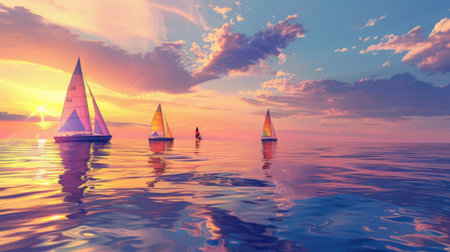 A serene sunset scene with colorful sailboats gliding across calm waters, a tranquil moment of beauty and relaxation.の素材
