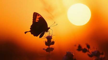 A stunning sunset silhouette of a solitary butterfly against an orange-hued sky, a symbol of fleeting beauty and grace.の素材