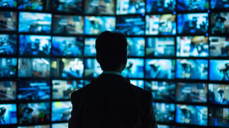 A security guard monitoring multiple surveillance screens filled with live feeds from CCTV cameras, maintaining vigilance at all times.の素材