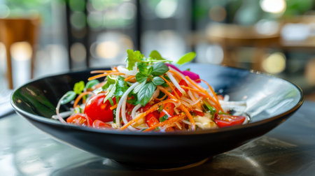 A refreshing som tam salad served in a modern restaurant setting, a fusion of traditional flavors and contemporary presentation.の素材