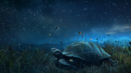 A solitary tortoise peacefully resting under a vast, star-filled night sky.の素材
