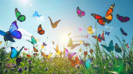 A rainbow of butterflies gracefully dancing in a sunlit meadow, a symphony of hues against a clear blue sky.の素材