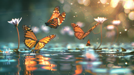 A serene pond scene with elegant butterflies gliding over the shimmering water, their vibrant colors reflected below.の素材