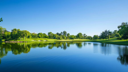 A serene lakeside golf course, the tranquil waters mirroring the golfer's graceful swing under a clear blue sky.の素材