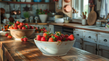 A rustic farmhouse kitchen counter adorned with bowls of ripe strawberries, ready to be turned into delicious homemade jams and preserves.の素材