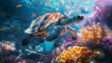 A surreal underwater scene with a tortoise gracefully swimming among colorful coral reefs.の素材