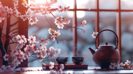 A traditional Japanese tea ceremony featuring elegant sakura blossoms, capturing the essence of cultural refinement.の素材