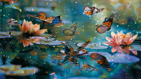 A serene pond scene with elegant butterflies gliding over the shimmering water, their vibrant colors reflected below.の素材