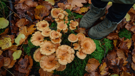 A person admiring a cluster of wild porcini mushrooms growing amidst fallen leaves and moss, a treasure discovered in the forest.の素材