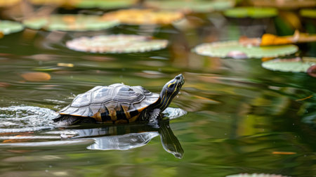 A serene pond scene with a tortoise gracefully gliding through the calm water.の素材