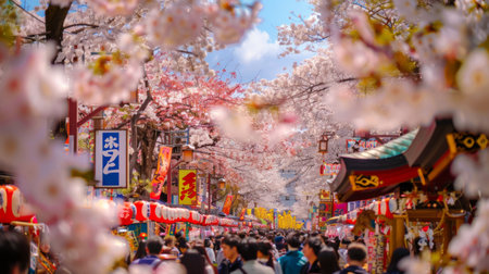 A vibrant street festival celebrating the sakura season, with colorful floats and lively performances under a canopy of blossoms.の素材
