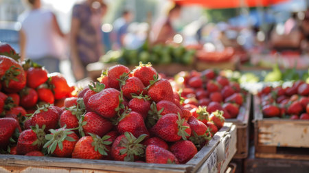 A vibrant farmers' market stall brimming with crates of ripe strawberries, attracting eager customers with their irresistible freshnessの素材