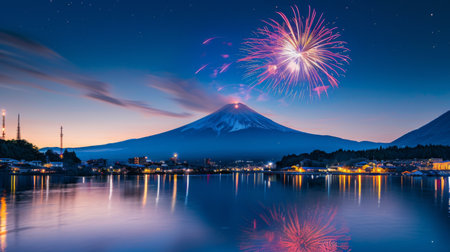 A vibrant fireworks display illuminating the night sky above Mount Fuji during a festive celebration, capturing the magic of Japan's cultural traditions.の素材